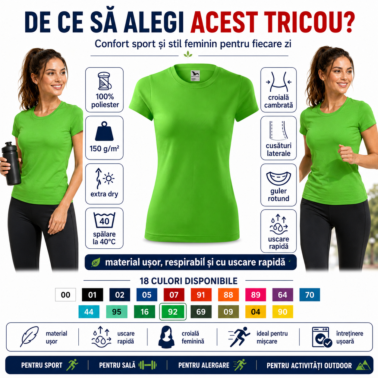Tricou sport damă Malfini Fantasy, model feminin, material Extra Dry, disponibil &icirc;n 18 culori